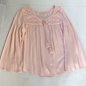 NWOT Mossimo Women Size S Smocked Peasant Round Split Neck with Tassels Ties